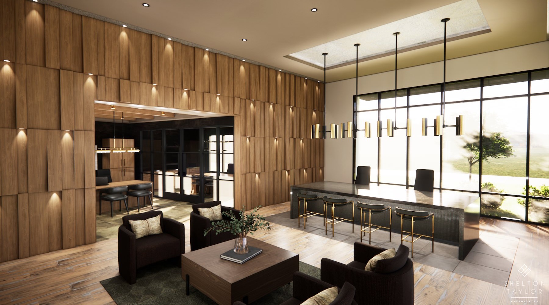 a clubroom with tables and chairs