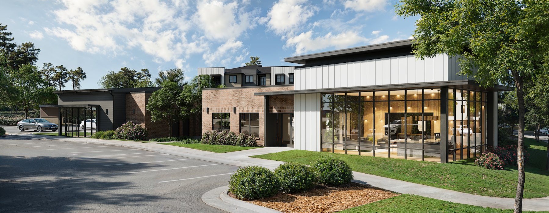 a building with a parking lot